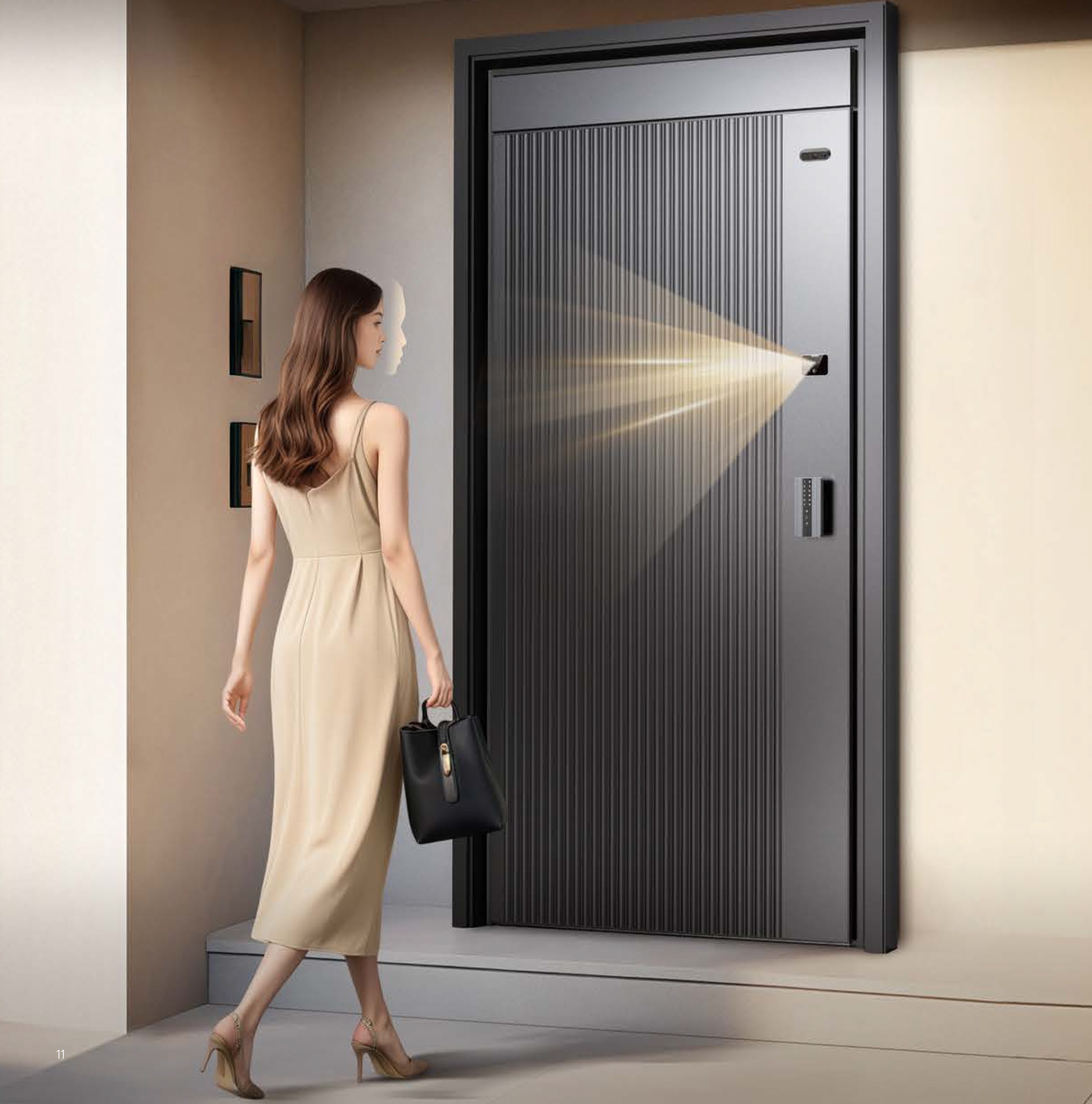 Resident approaching a DoorBot smart entrance at night