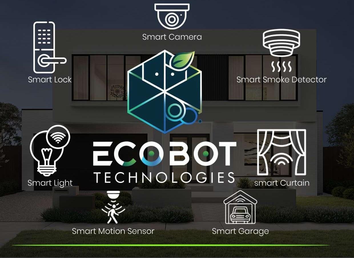 EcoBot connected smart home ecosystem: lock, camera, smoke detector, light, curtain, motion sensor, and garage
